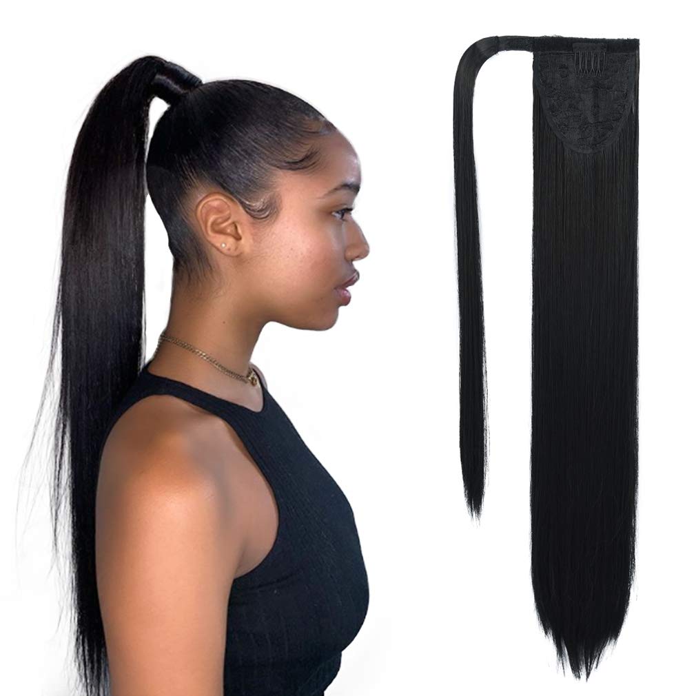 Seikea 28 Inch Clip In Ponytail Extension - Long Straight Black Synthetic Hairpiece For Women