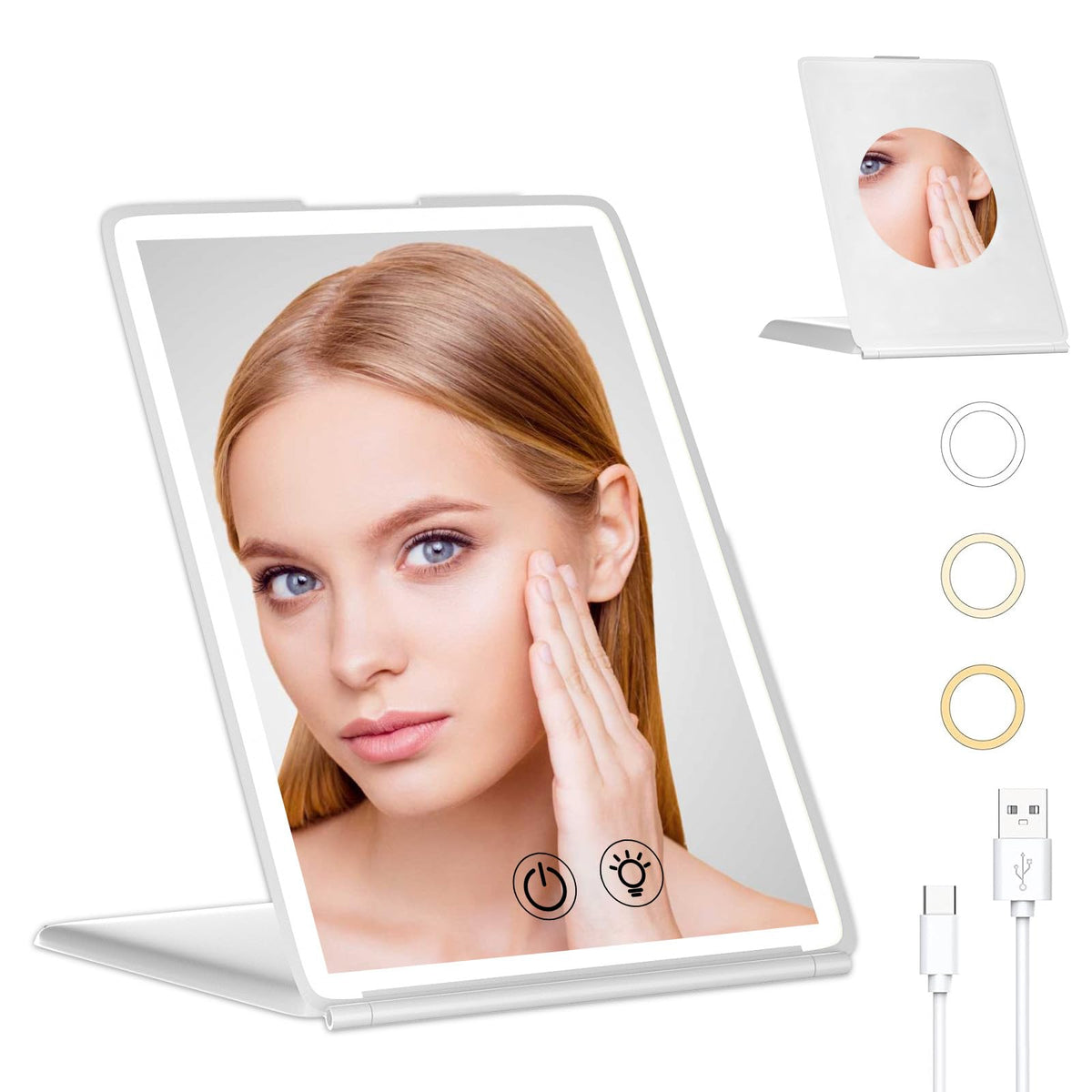 Hoormeey Travel Makeup Mirror - 3X Magnifying, Led Lights, Rechargeable, Compact, White