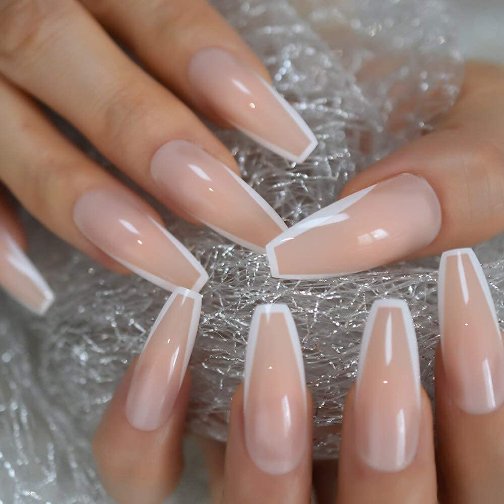 Coolnail Glossy White French Press Nails - Extra Long Coffin Ballerina, 24Pcs Gel Set