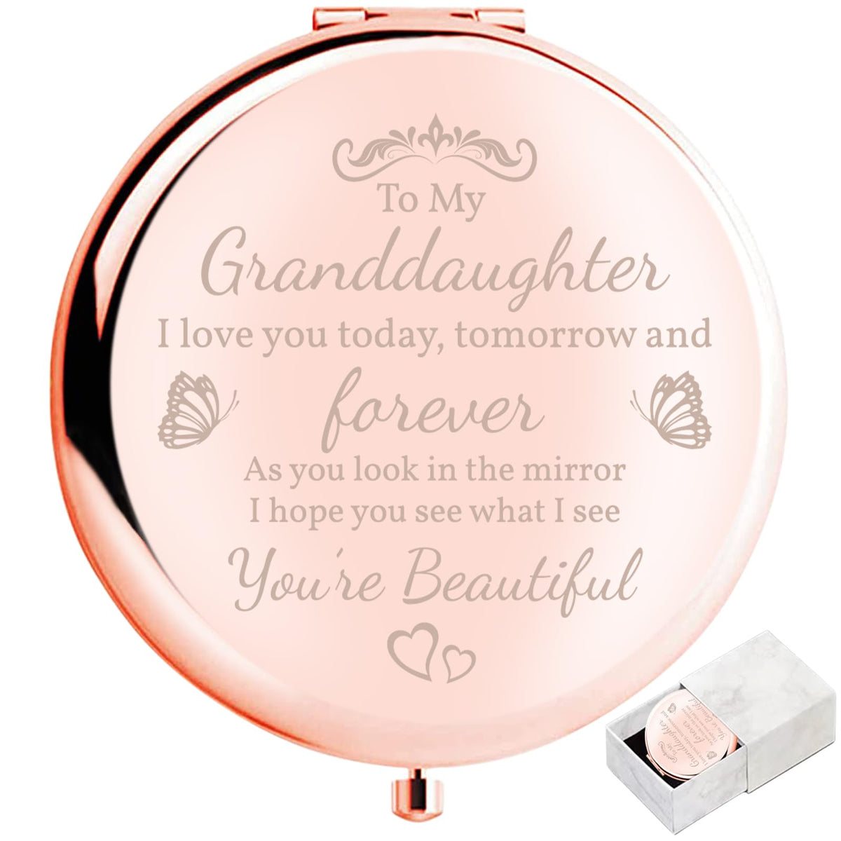 Boutikpro Granddaughter Birthday Gift - Rose Gold Compact Mirror For Women & Girls