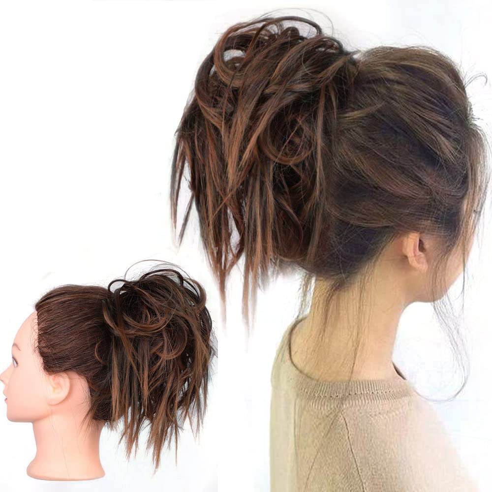 Lativ Messy Hair Bun Scrunchies - Dark Brown Light Auburn Tousled Updo For Women & Girls