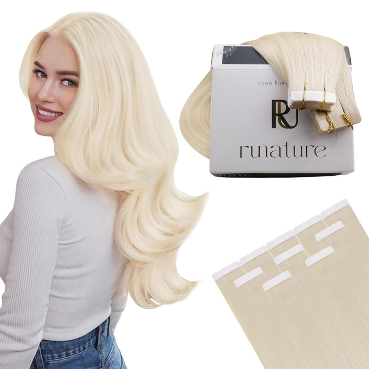 Runature 14&quot; Blonde Tape In Hair Extensions - Seamless Human Hair, 40G, 20 Pieces