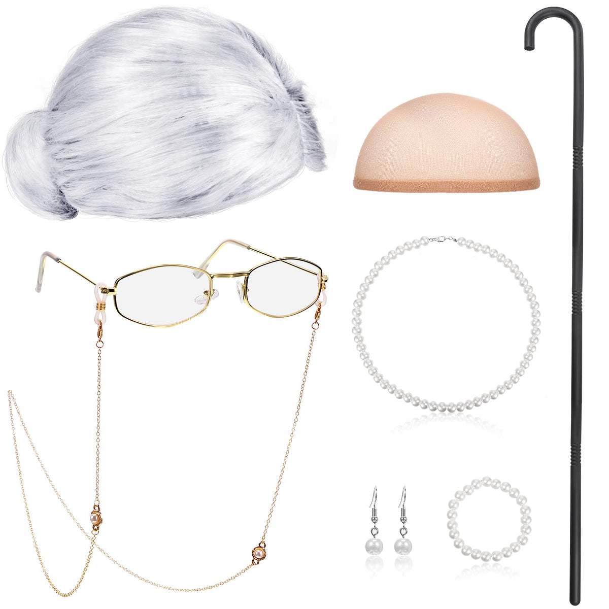 Bbto Grandma Gray Wig Cosplay Set With Cane, Glasses, And Pearl Necklace - Silver