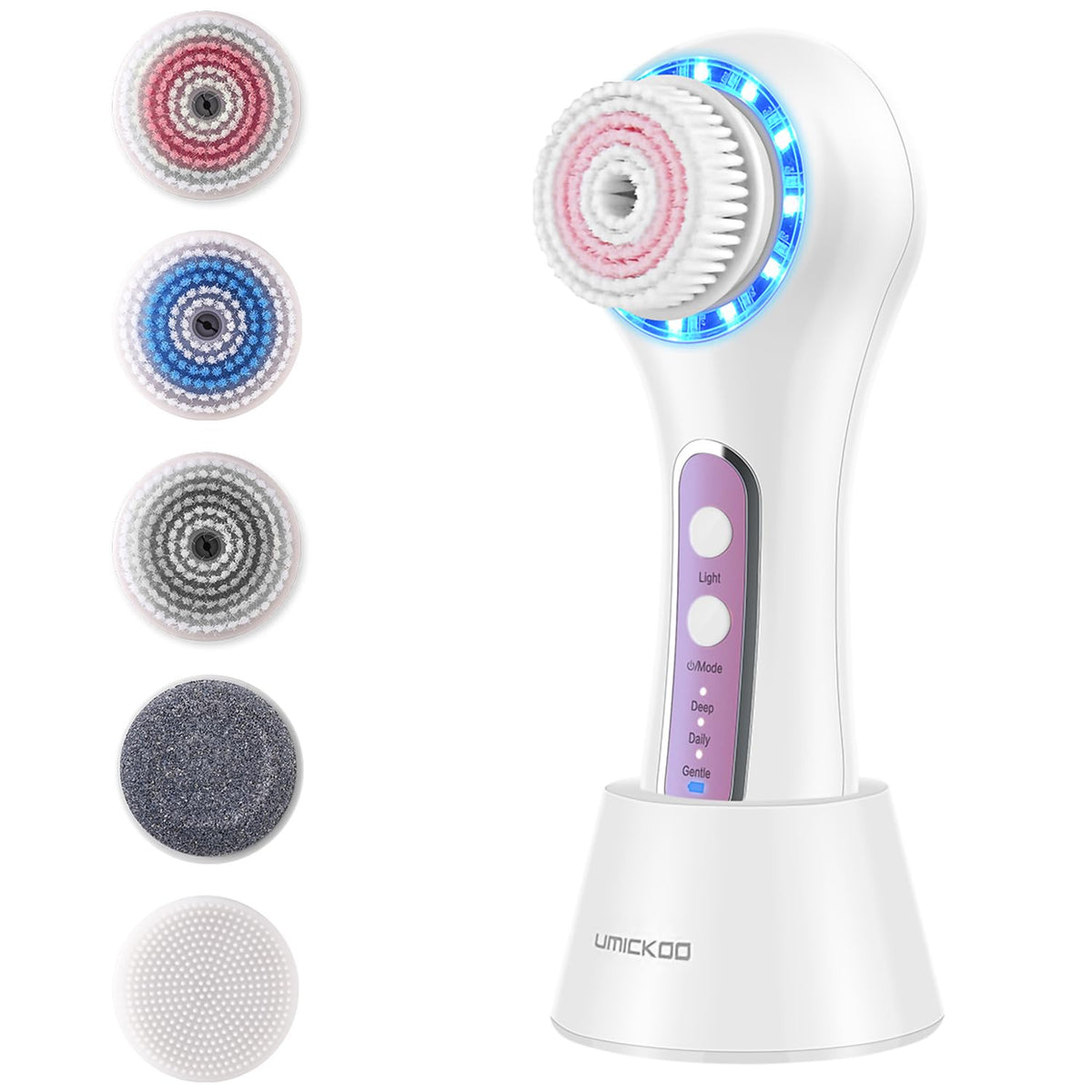 Umickoo Waterproof Face Scrubber & Exfoliator With 5 Brush Heads - Electric Spin Brush (White+Purple)