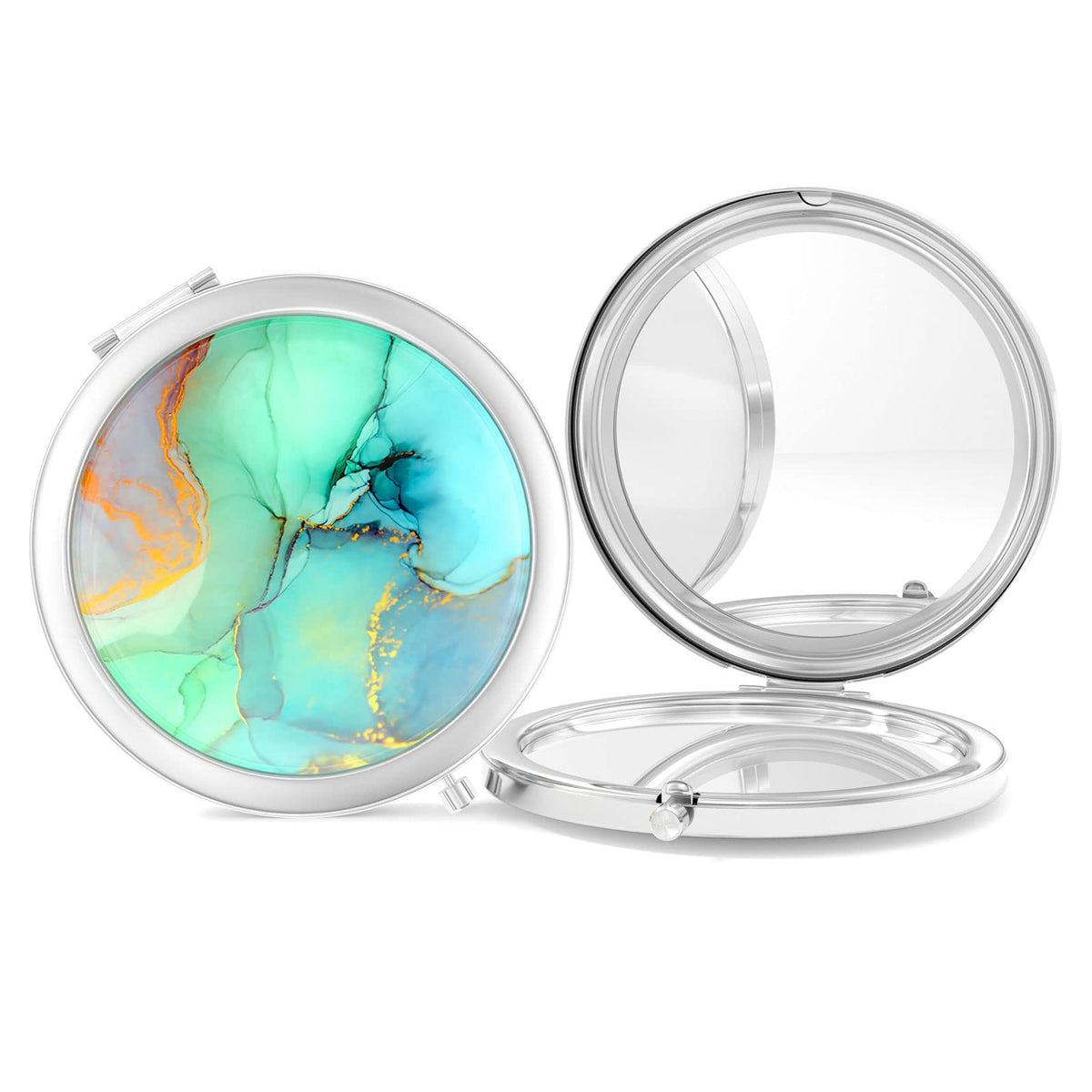 Nipichsha Compact Mirror - 2-Sided 2X/1X Magnification, Silver, Ink Green Marble, Travel Access