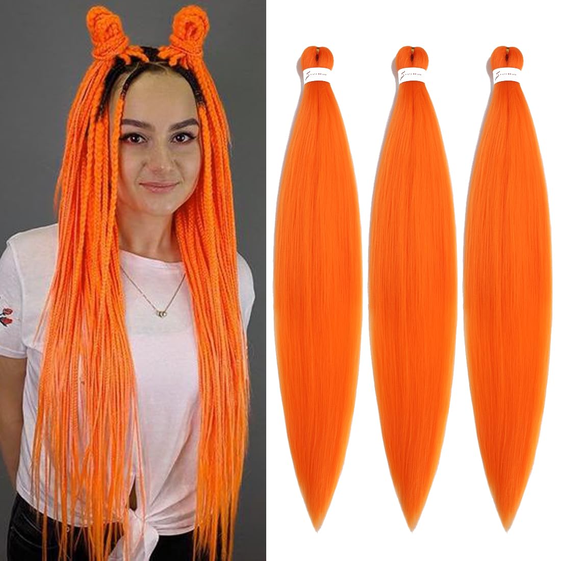 Hensleely 26&quot; Orange Pre Stretched Synthetic Braiding Hair - 3 Packs For Box Braids