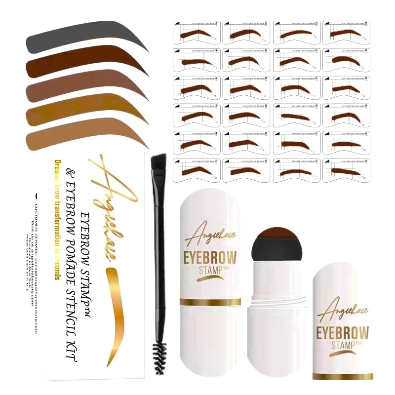 ANGIEHAIE Eyebrow Stamp Stencil Kit, Medium Brown Pomade & 24 Reusable Stencils for Natural Finish