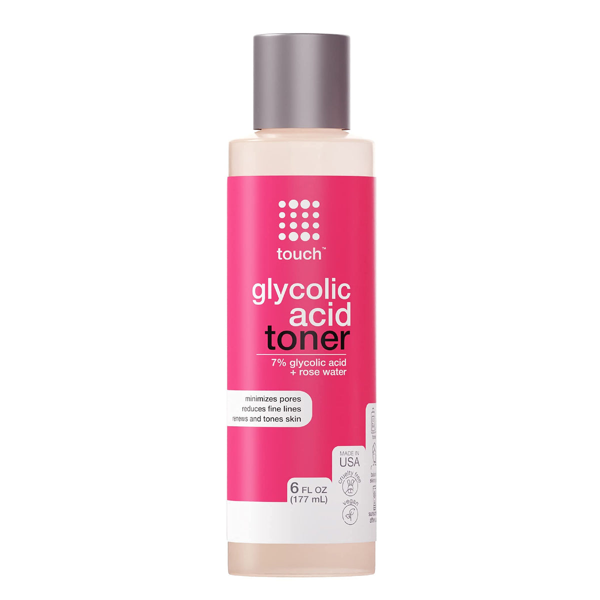 Touch 7% Glycolic Acid Toner - Alcohol & Oil Free, Rose Water & Witch Hazel, 6 Oz Exfol