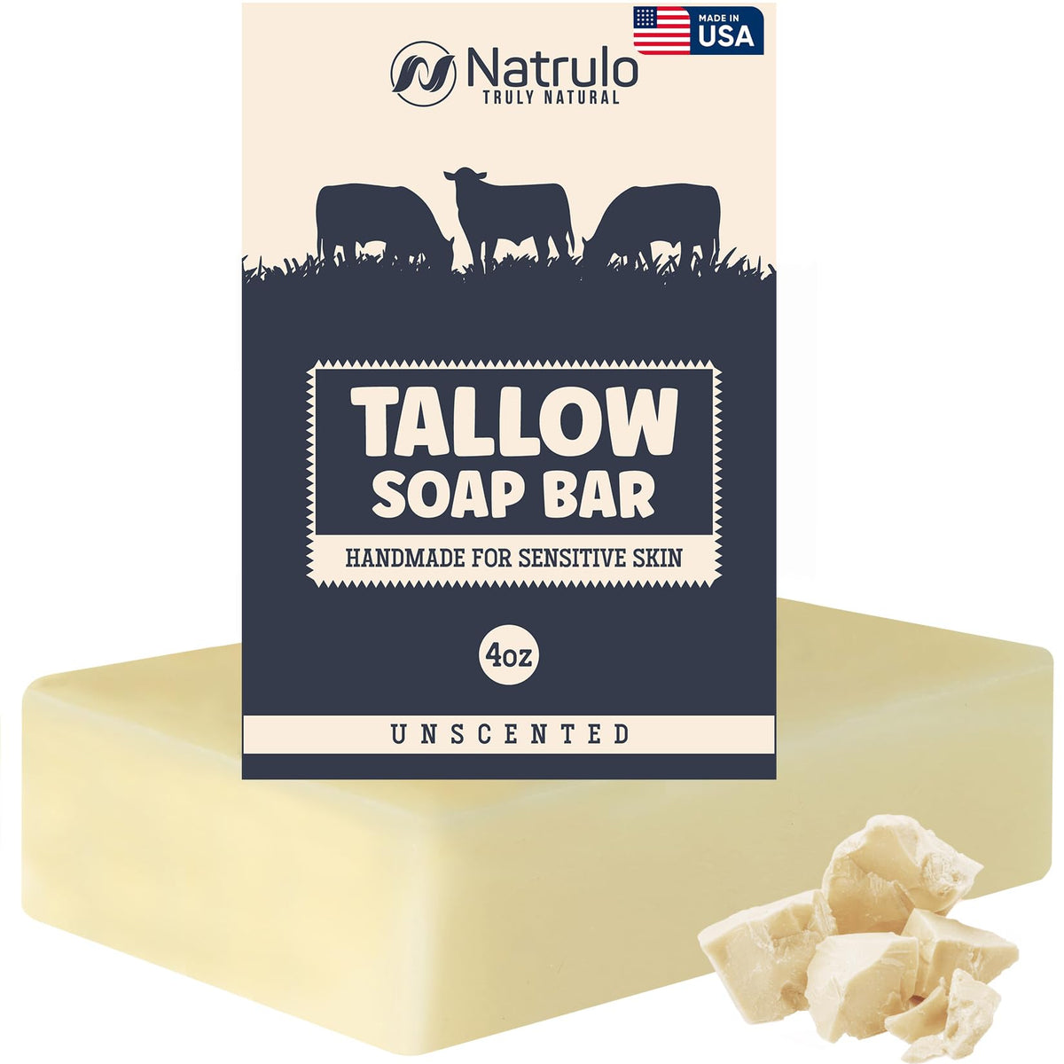 Natrulo Beef Tallow Soap Bar - Unscented Moisturizing Soap For Eczema & Sensitive Skin, 4Oz