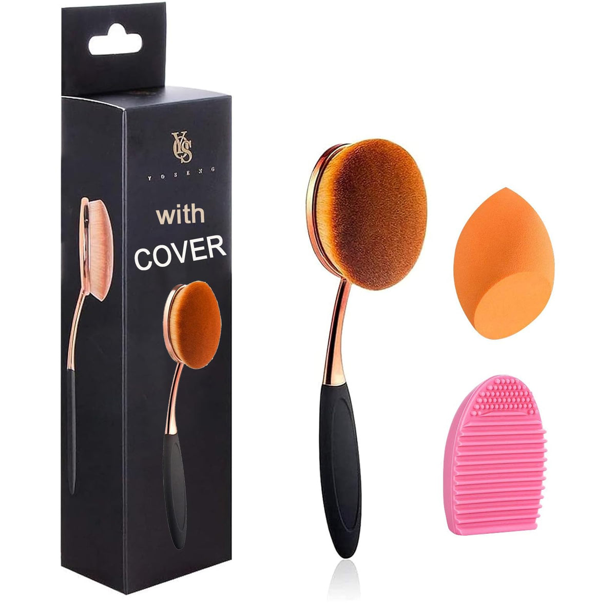 Yoseng Large Rose Gold Oval Makeup Brush Set With Blending Sponge & Dustproof Cover, 4 Pieces