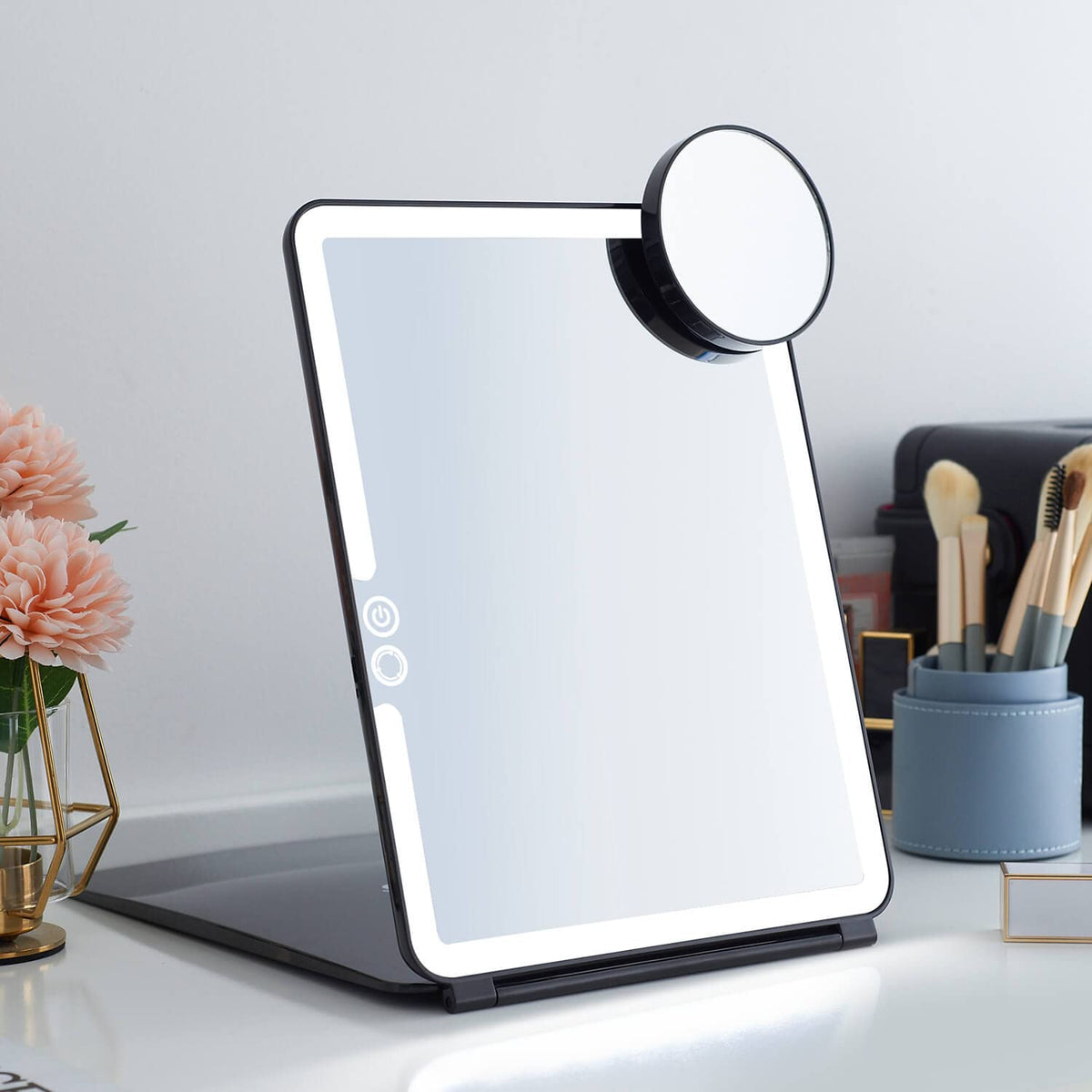 Mocado LED Travel Makeup Mirror - 7x9 inches, USB Rechargeable, Touch Screen, 3 Light Modes, Black