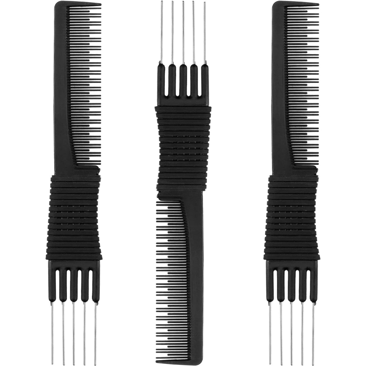 Leinuosen 3 Pack Black Carbon Teasing Combs With Metal Prong - Salon Hair Styling Tools