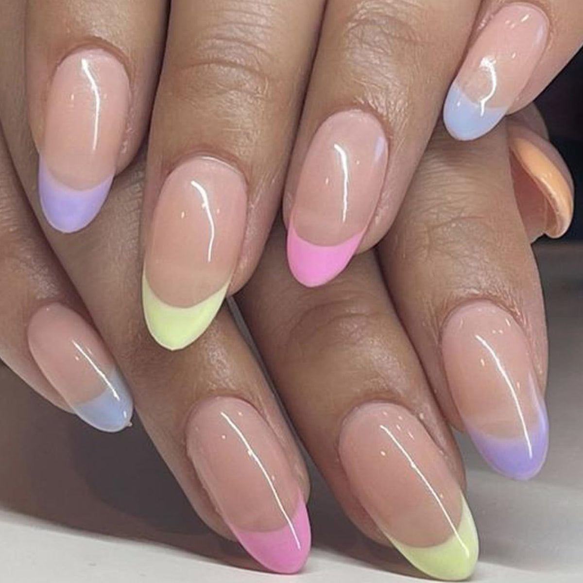 GLAMERMAID Colorful French Tip Press on Nails - Medium Almond Nude Gel Set for Women