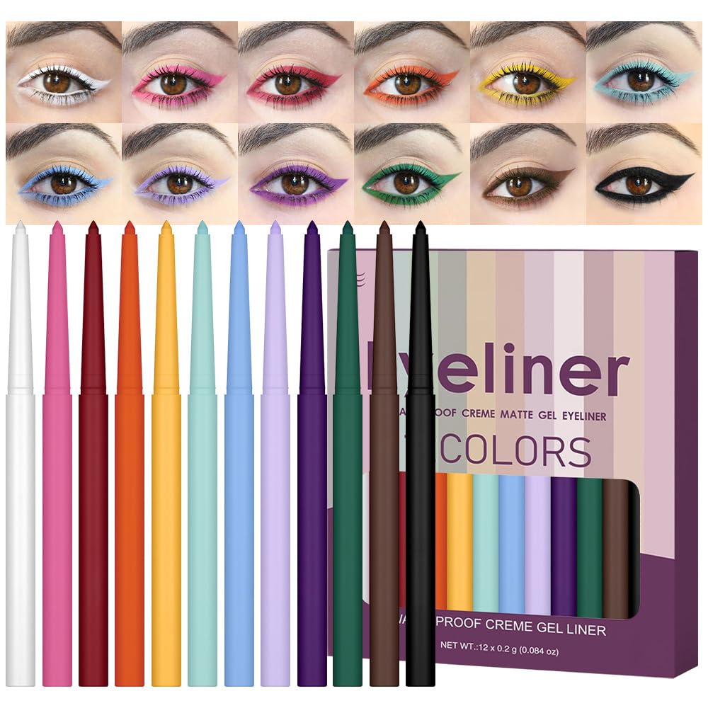 Evpct 12Pcs Matte Gel Eyeliner Set - Waterproof Colored Pencils For Women, Vibrant Shades