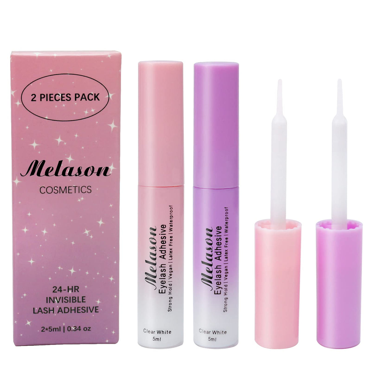 Melason Eyelash Glue - Super Strong Hold, Fast Drying, Latex Free, 2Pcs, Clear, 5Ml