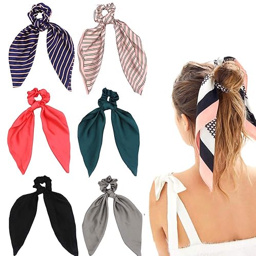 DINPREY Silk Satin Hair Scrunchies with Flower Pattern - 6 Pcs Stripe & Solid Colors