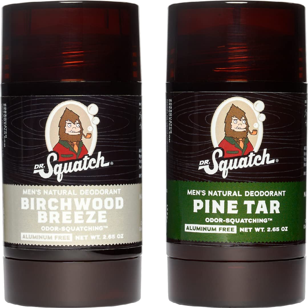 Dr. Squatch Natural Deodorant For Men - Aluminum Free Pine Tar + Birchwood Breeze, 2 Pack