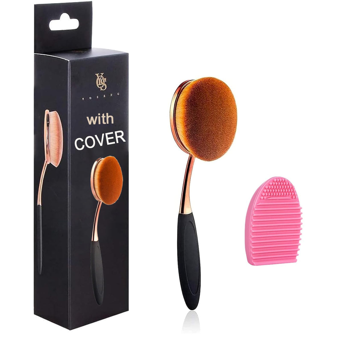 Yoseng Large Rose Gold Oval Makeup Brushes Set With Dustproof Cover & Cleaner - 3 Pieces