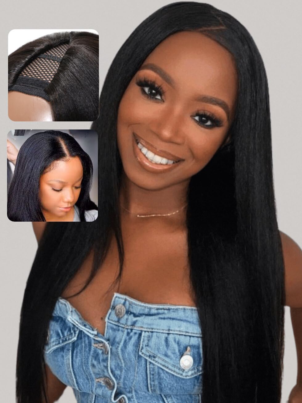 Unice 18&quot; Easicontour V Part Wig - Human Hair Yaki Straight, Glueless, Natural Black Color