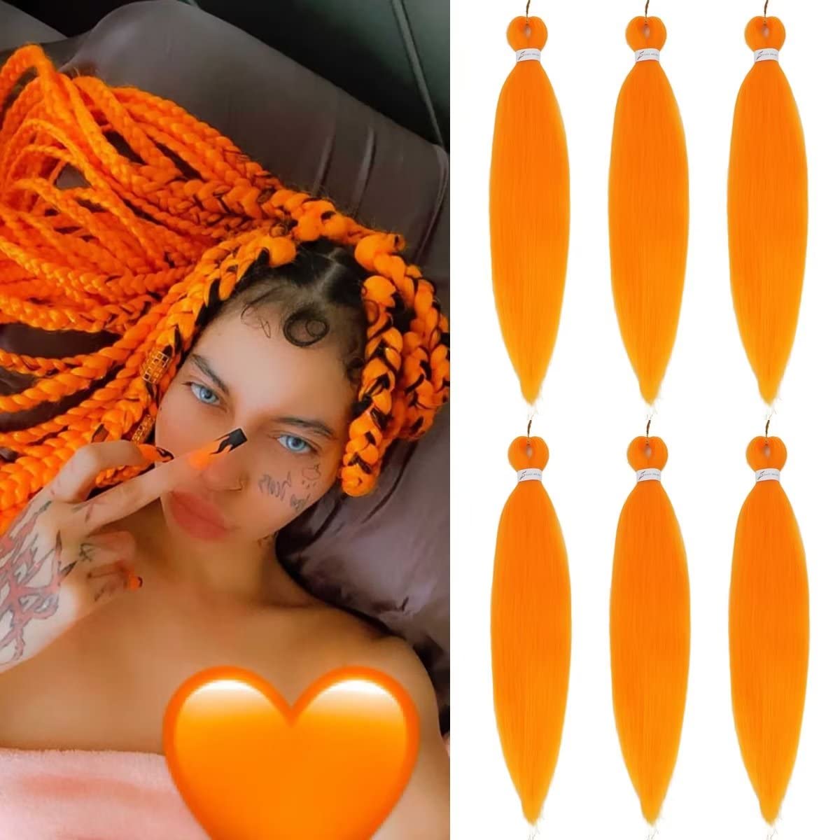 Alremyssy Orange Pre Stretched Braiding Hair 26&quot; Yaki Texture 6 Pcs For Crochet Extensions