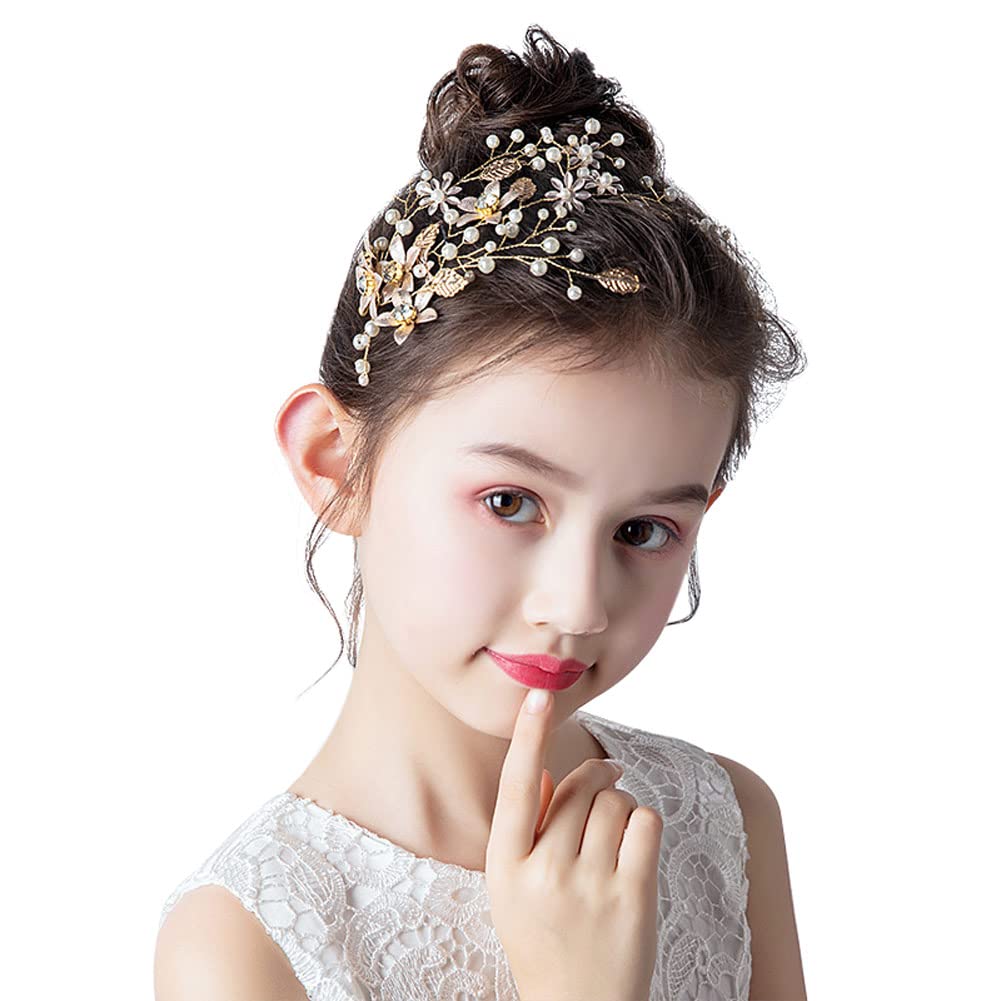 Prdgirl Flower Girl Headpiece - Rhinestone Pearl Gold Princess Headband For Weddings & Parties