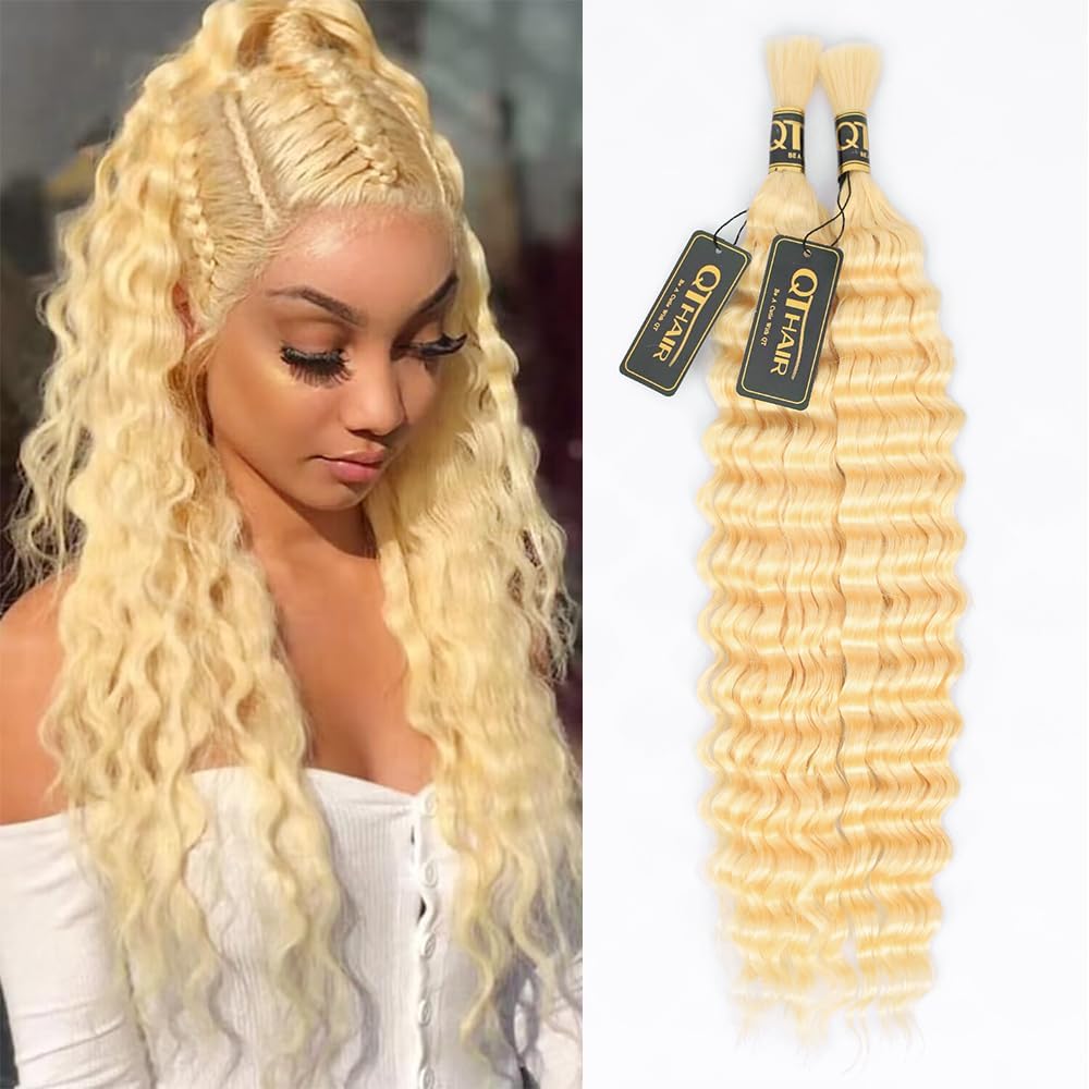 QTHAIR 20&quot; #613 Honey Blonde Deep Wave Human Hair Bulk - 100g Unprocessed Brazilian Virgin Hair