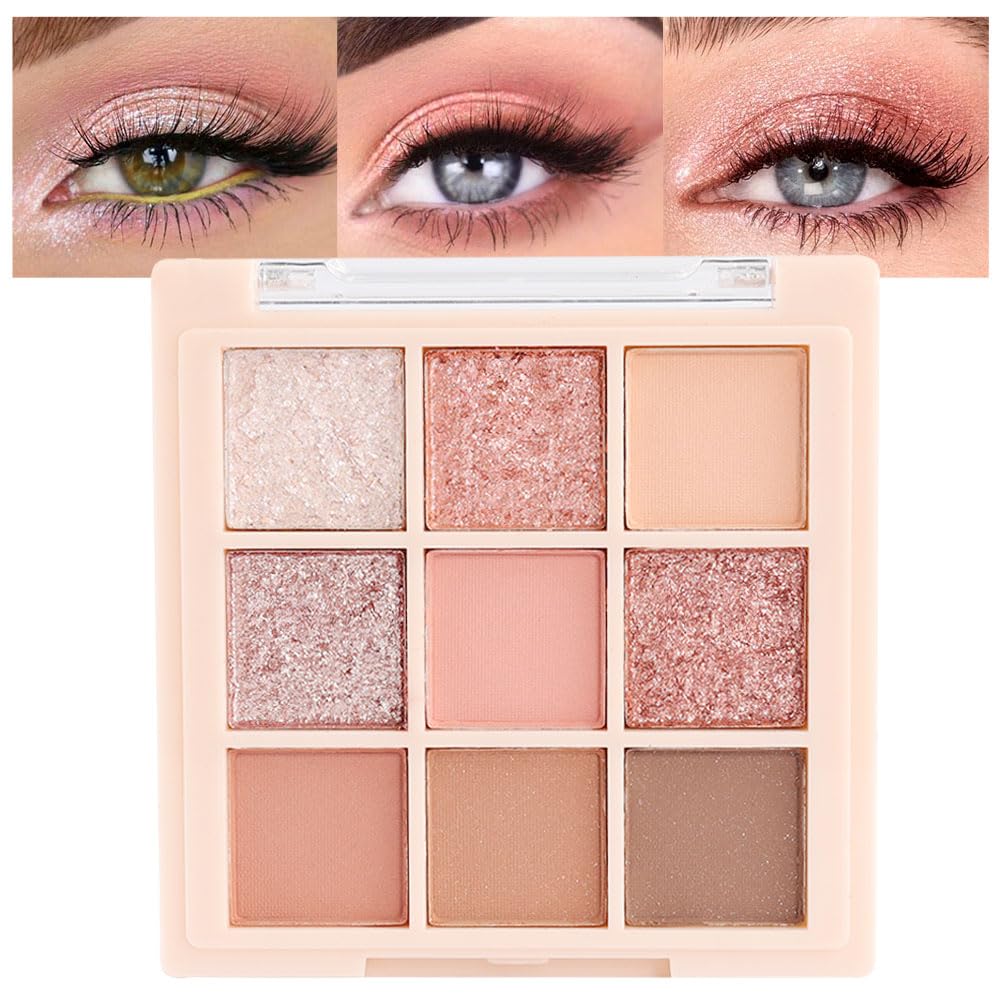 Cakaila 9-Color Eyeshadow Palette - Pink Rose Gold & Brown, Waterproof, Highly Pigmented, Blendable