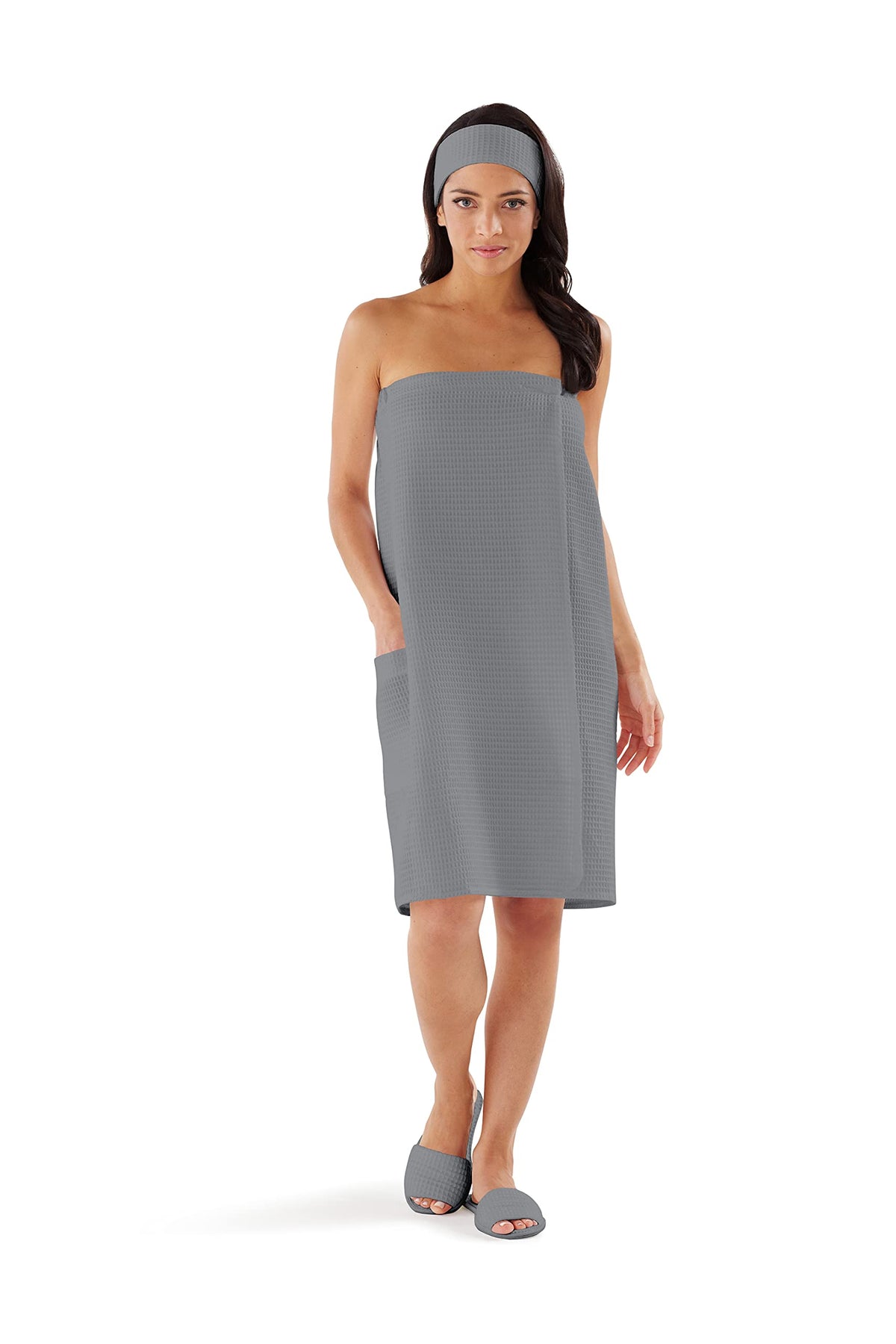 Boca Terry Grey Waffle Spa Wrap For Women, Lightweight Bath Wrap With Snaps, M/L