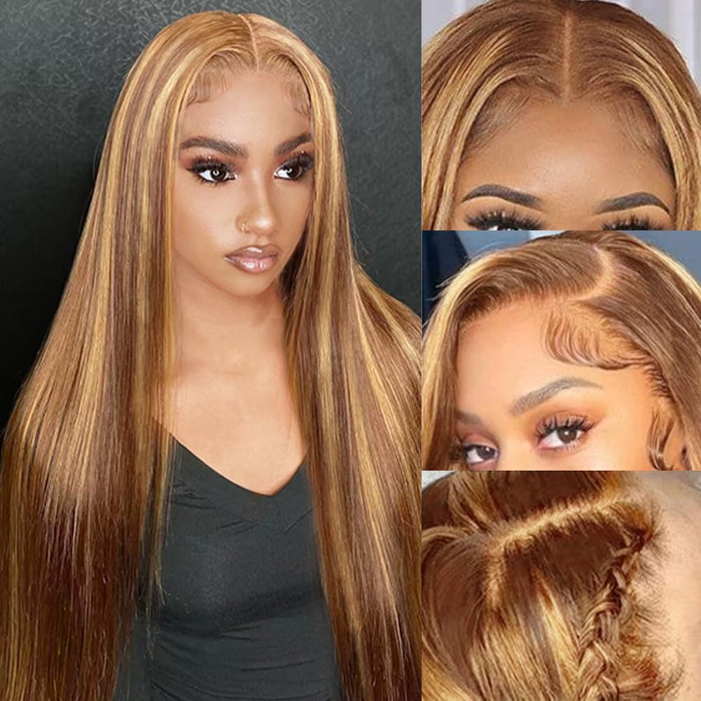 Azkiu 22&quot; Ombre Lace Front Wig Human Hair 4/27 Honey Blonde 150% Density Pre Plucked