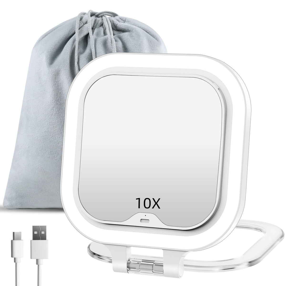 Funtouch Travel Makeup Mirror - Rechargeable 1X/10X Magnification, Dimmable Touch, Portable, White