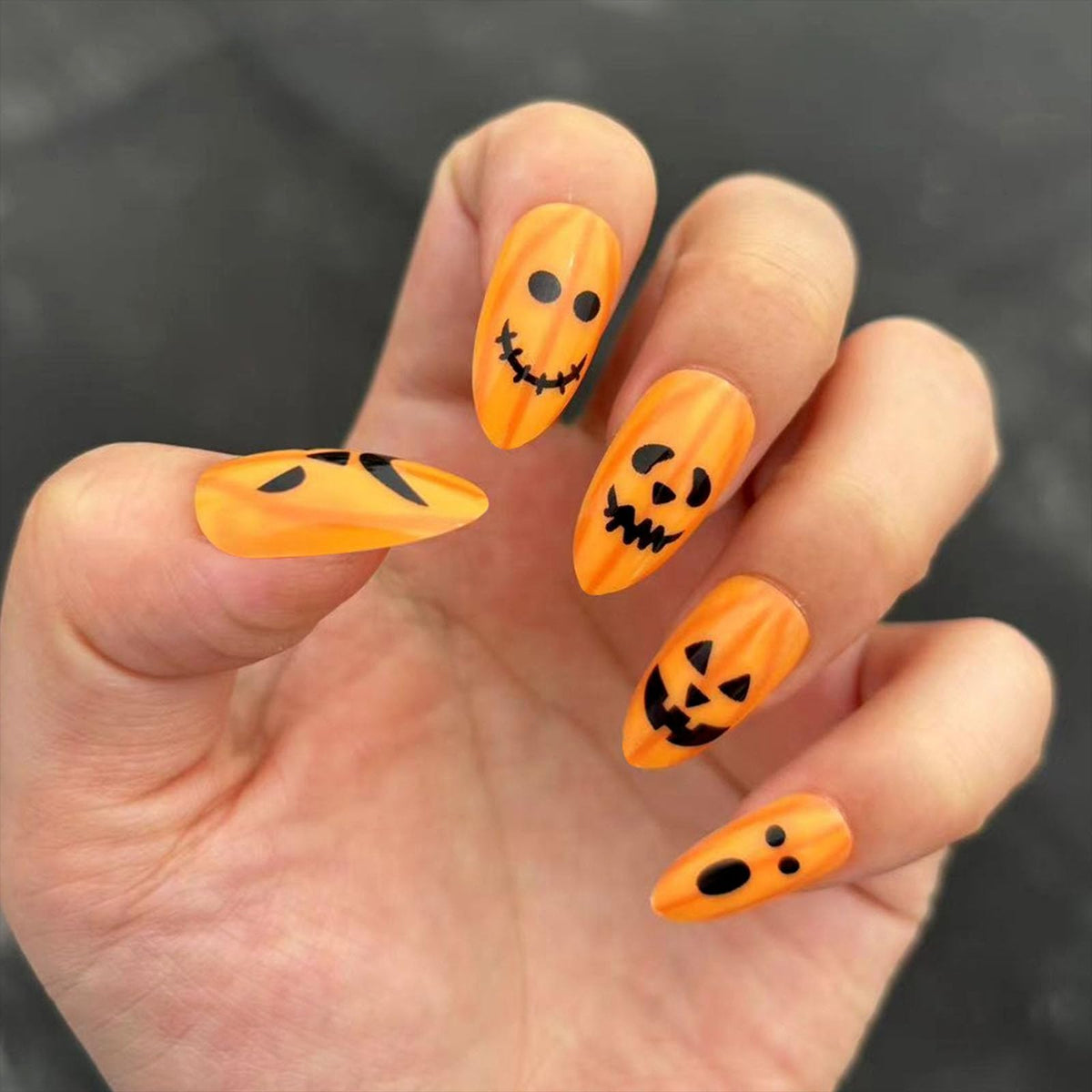 Bdruixing Halloween Press On Nails - Orange Almond Shape With Pumpkin Ghost Designs, 24 Pcs