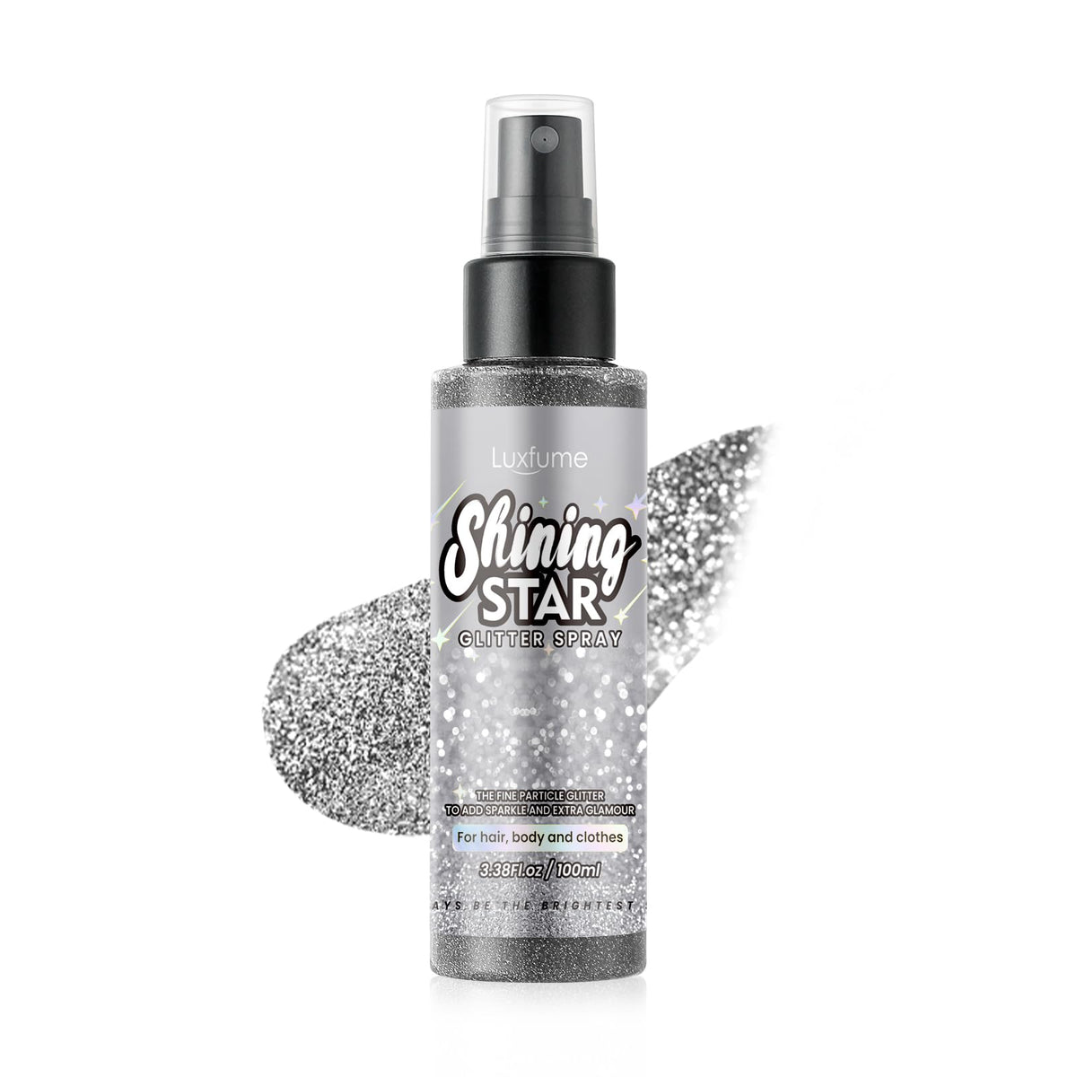 Luxfume Silver Glitter Spray For Hair & Body - Quick-Drying, Waterproof, Long-Lasting Shine, 3.38Oz