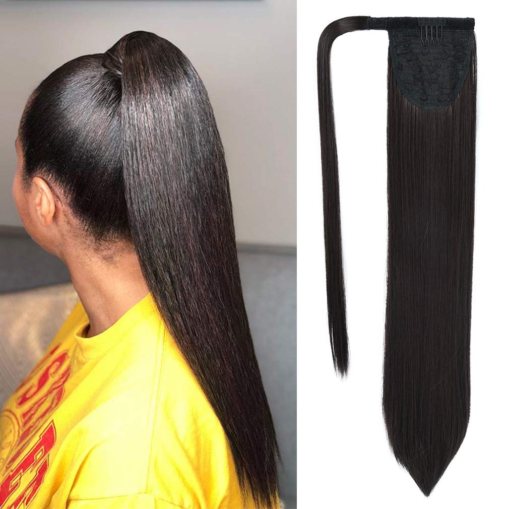 Seikea 28&quot; Clip-In Ponytail Extension - Long Straight Synthetic Hairpiece, Black Brown