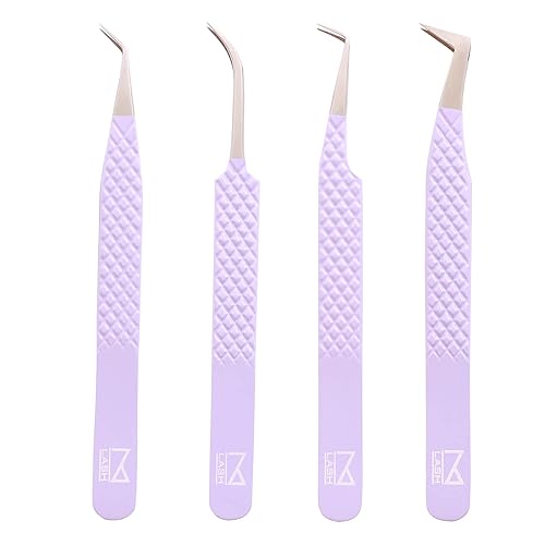 M LASH Professional Eyelash Extension Tweezers Set of 4 - Fiber Tip, Japanese Steel, Diamond Grip