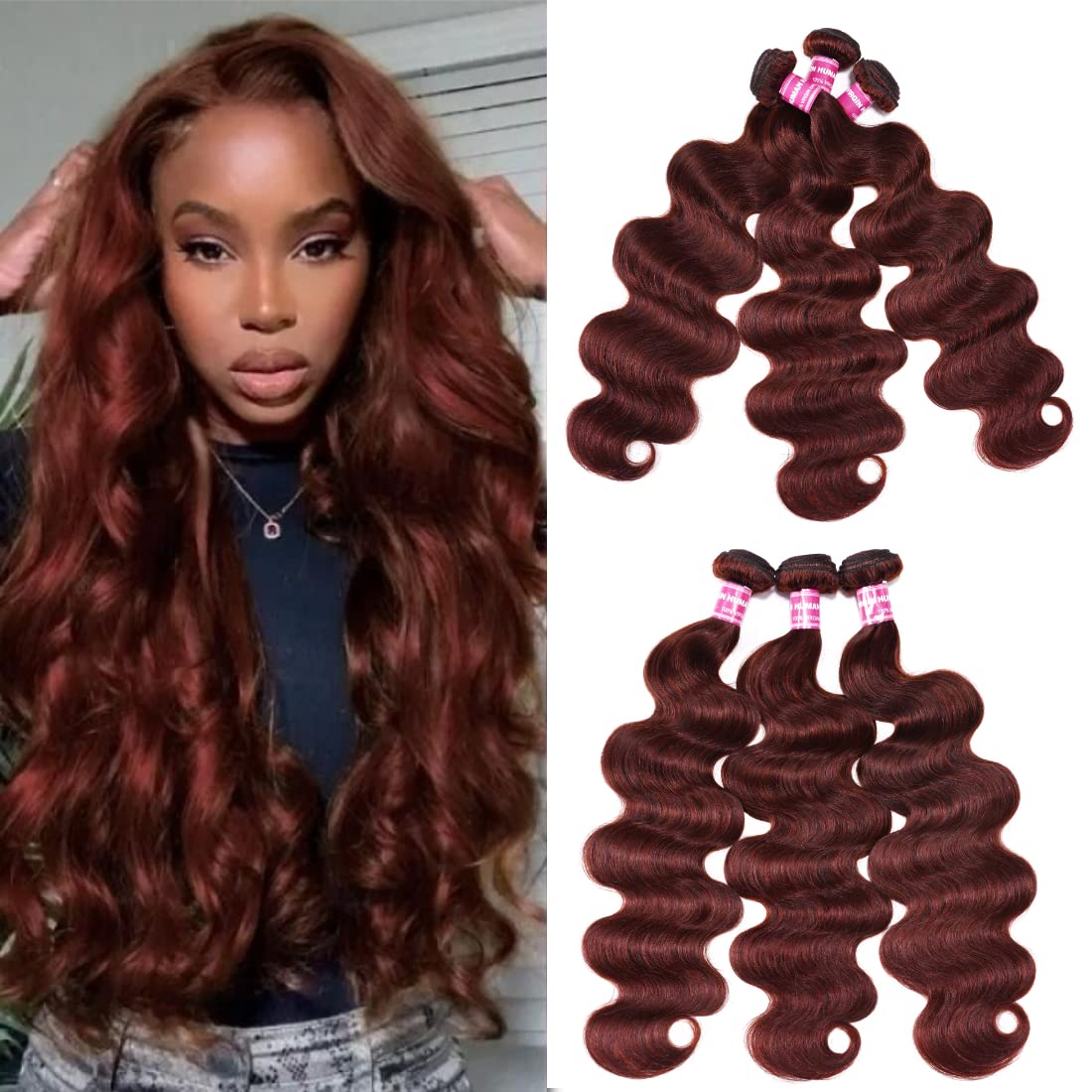 UNICE Reddish Brown Body Wave Human Hair Weave 3 Bundles 20 22 24 Inch, Auburn Copper Red