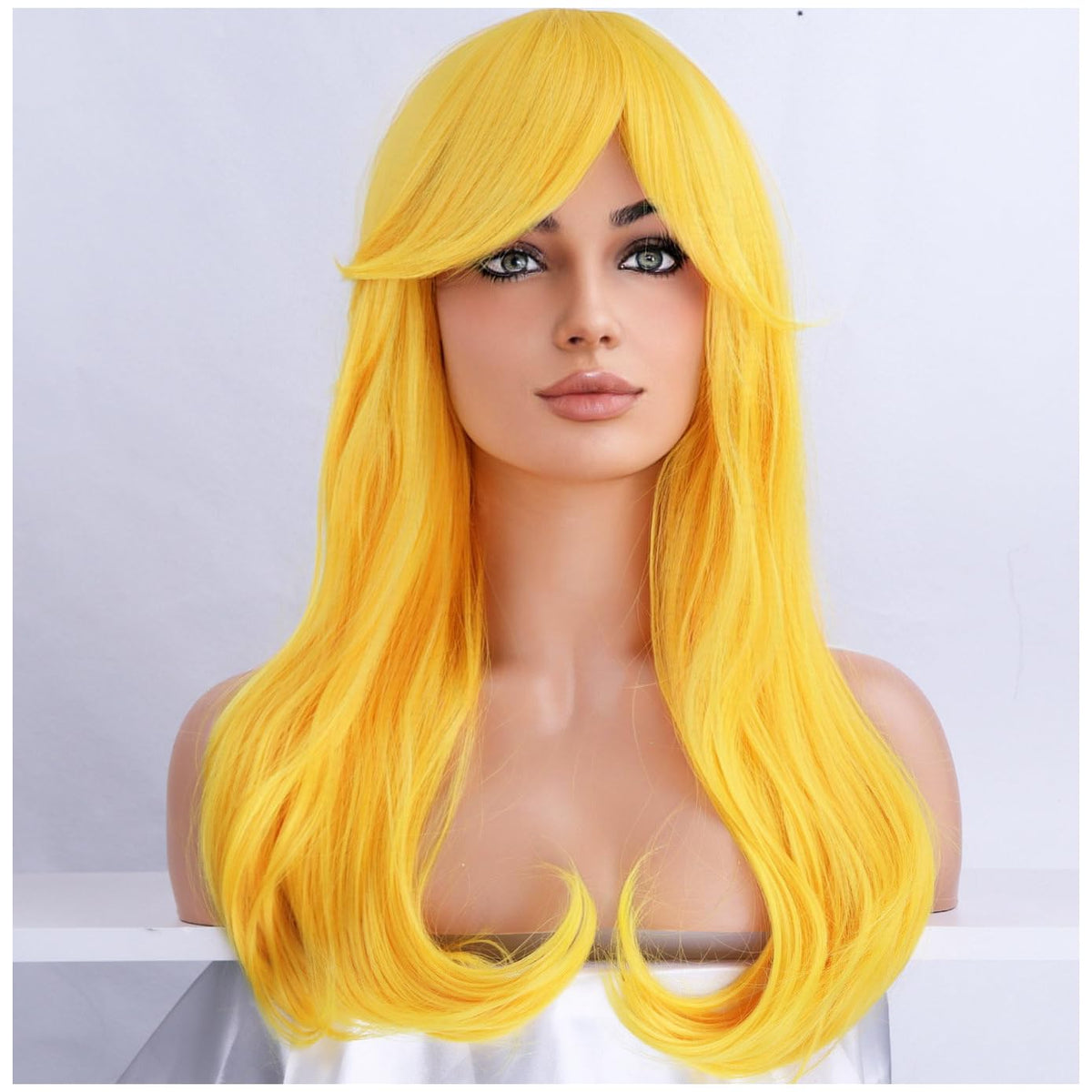 BERON Yellow Long Wavy Wig with Bangs - Curly Heat Resistant Synthetic for Cosplay & Halloween