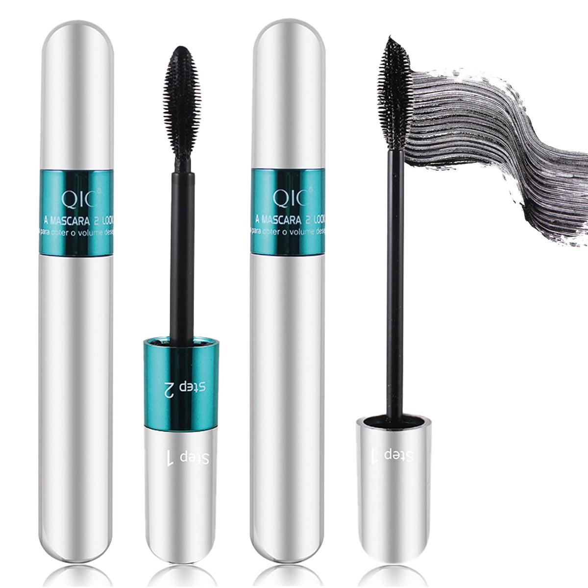 Kunshnbei 2 Pack 5X Longer Black Mascara - 4D Silk Fiber, Waterproof, No Clumping