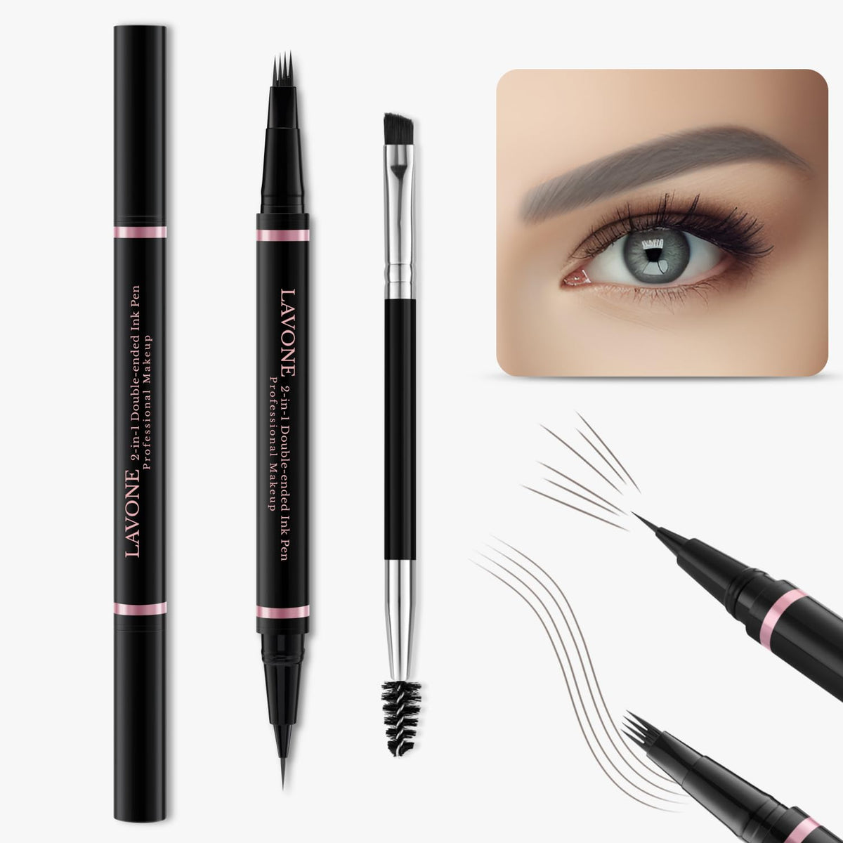 Lavone 2-In-1 Waterproof Eyebrow Pencil & Pen, Grey - Ultra-Precise Brow Makeup With Brush