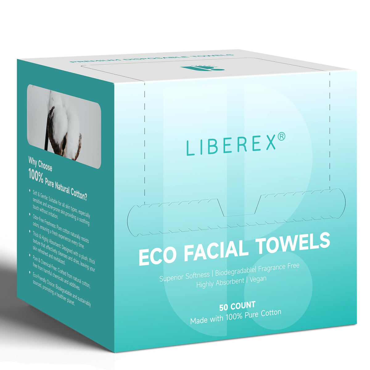 Liberex Disposable Face Towels - Biodegradable Cotton Facial Towelettes, 50 Count, Travel Essential