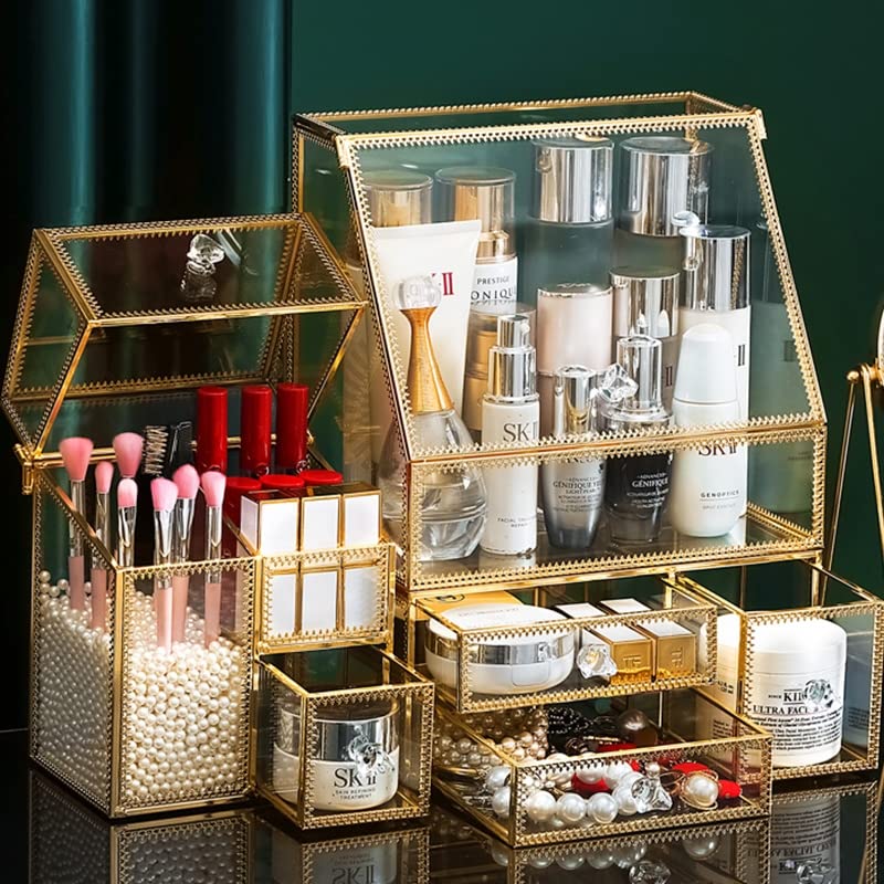 Hersoo Gold Glass Bathroom Organizer Set - 2 Stackable Drawers For Vanity & Skincare Storage