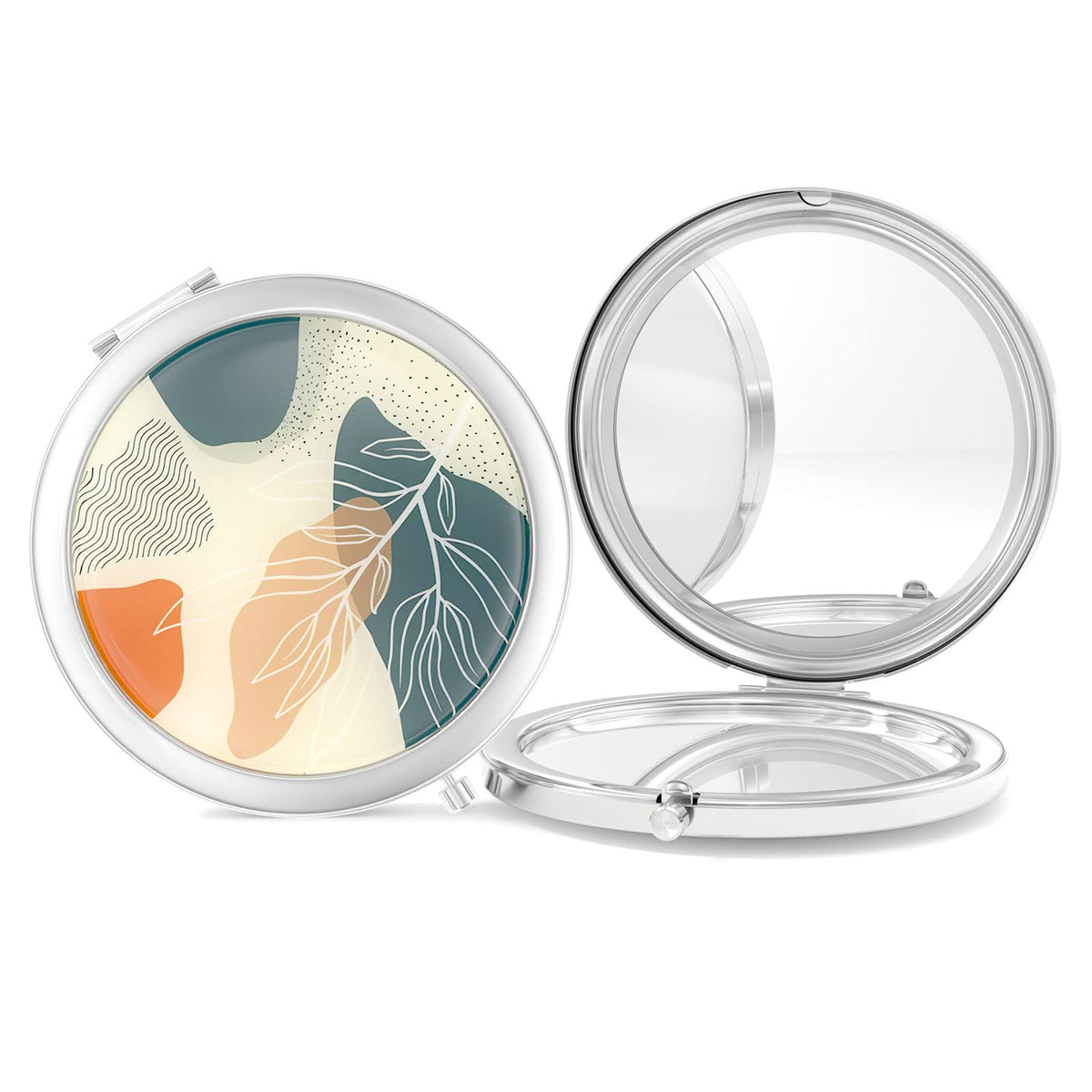 Nipichsha Compact Mirror - 2-Sided 2X/1X Magnification, Portable Travel Makeup Mirror, Silver Leaf