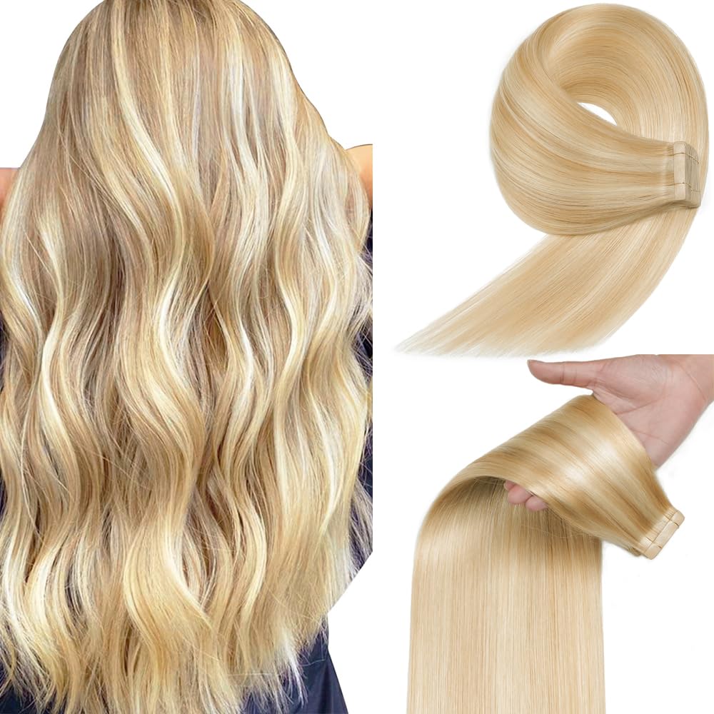 Yddm 20 Inch Ash Blonde Highlighted Tape In Hair Extensions - 20Pcs Remy Human Hair