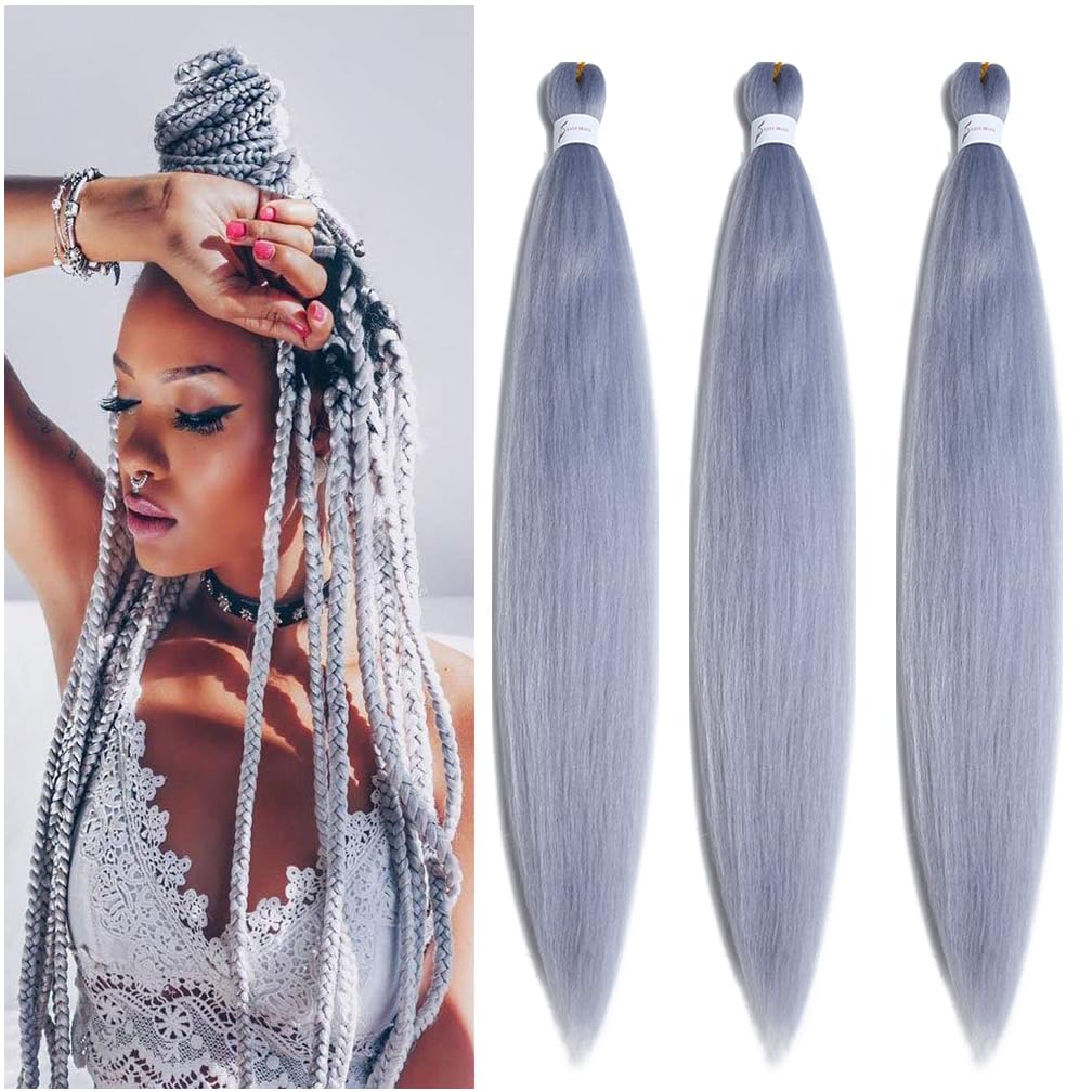 Balinghair 28&quot; Pre Stretched Kanekalon Braiding Hair - Silver Grey Yaki Texture, 3 Packs