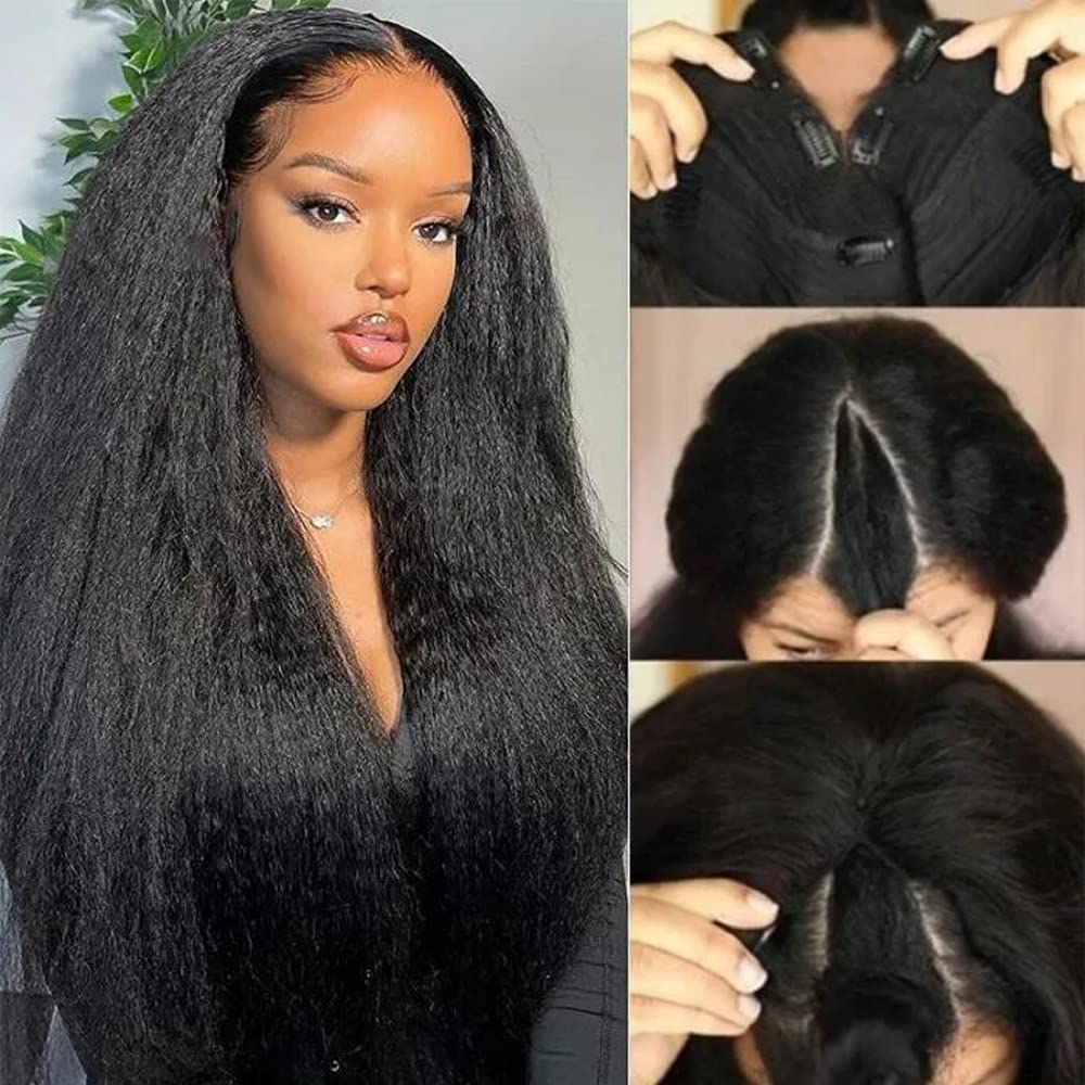 UNICE 24 Inch Kinky Straight V Part Wig - Glueless Human Hair Clip In, No Leave Out, Beginner Friendly