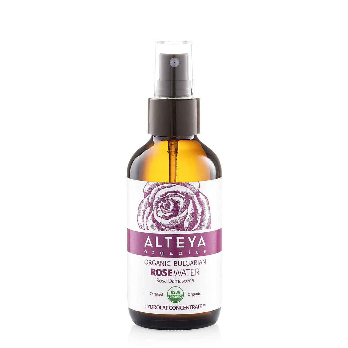 Alteya Organics Rose Water Toner, Usda Organic, 4 Fl Oz, Bulgarian Damascena, Amber Spray Bottle