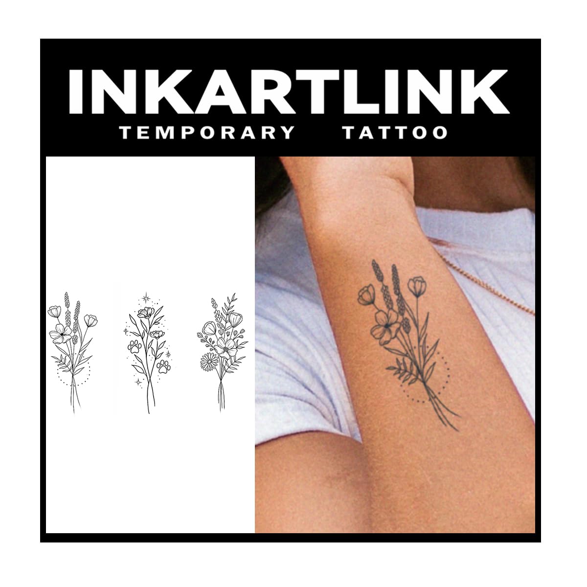 Inkartlink Semi Permanent Tattoo - 2 Sheets Waterproof Realistic Flowers, Lasts 1-2 Weeks