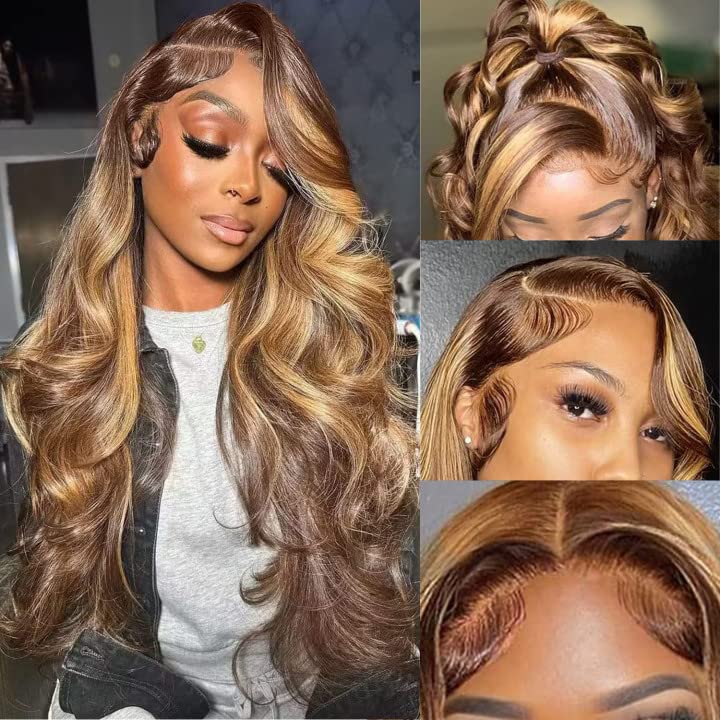 Aicrelery 26&quot; 13X6 Body Wave Hd Lace Front Wig Honey Blonde Ombre Human Hair 180% Density