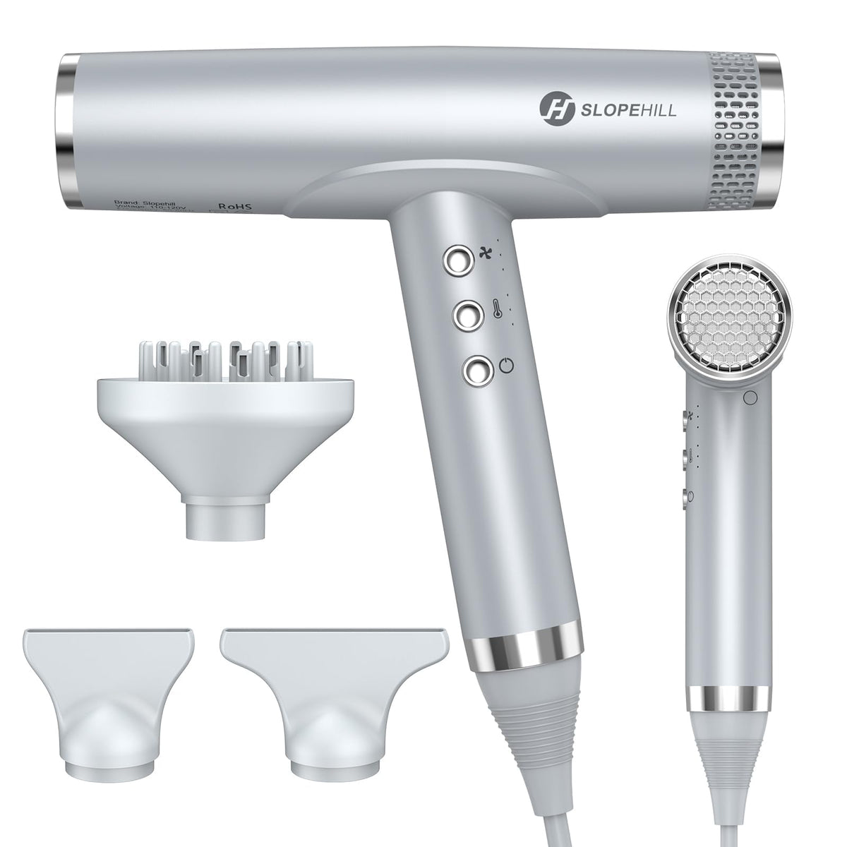 Slopehill Ionic Hair Dryer With Diffuser, Brushless Motor, Lightweight, Low Noise, Silver Ceramic