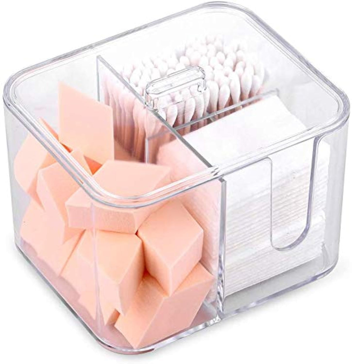 SUNFICON Acrylic Cotton Swab Balls Holder - 4-Grid Cosmetic Pads Organizer, Clear Canister