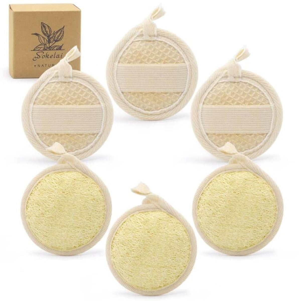 Wokelai Exfoliating Loofah Sponge Pads - 6 Pack Natural Body & Facial Scrub For Spa & Shower